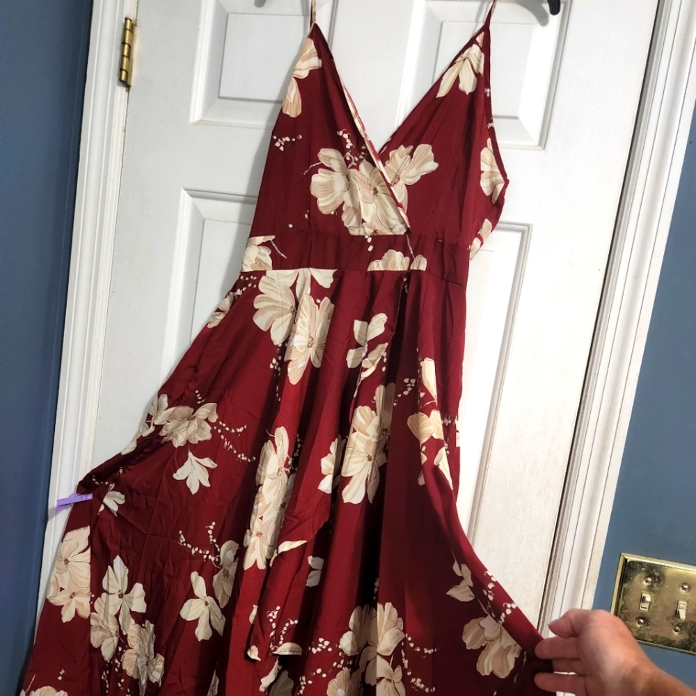 Sundress, floral.  Spaghetti straps, high/low, side zipper, flounced hem